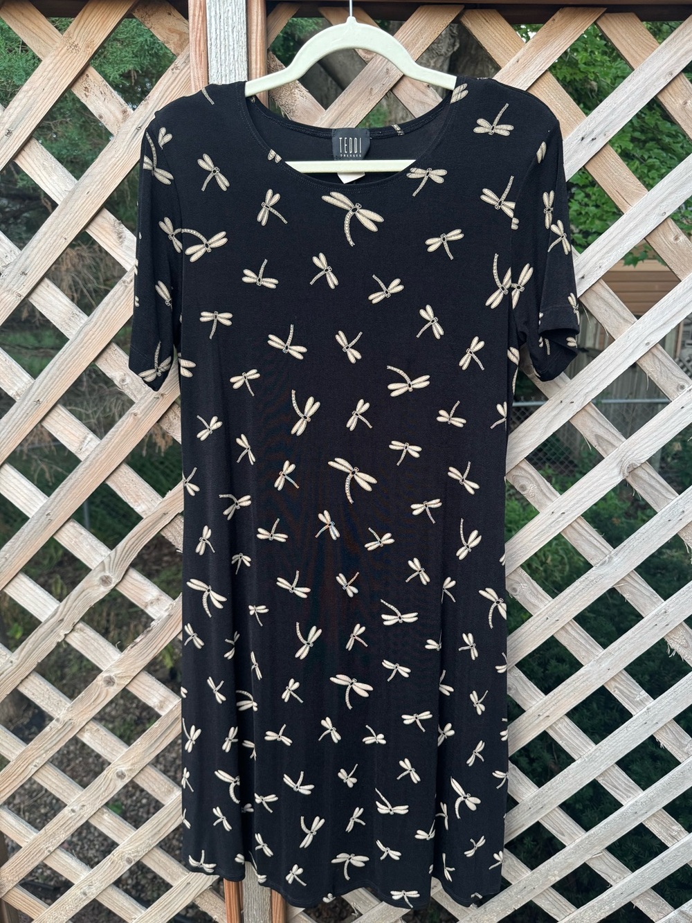 Vintage Teddi Black Dragonfly Print Short Sleeve Dress Whimsical Dragonfly